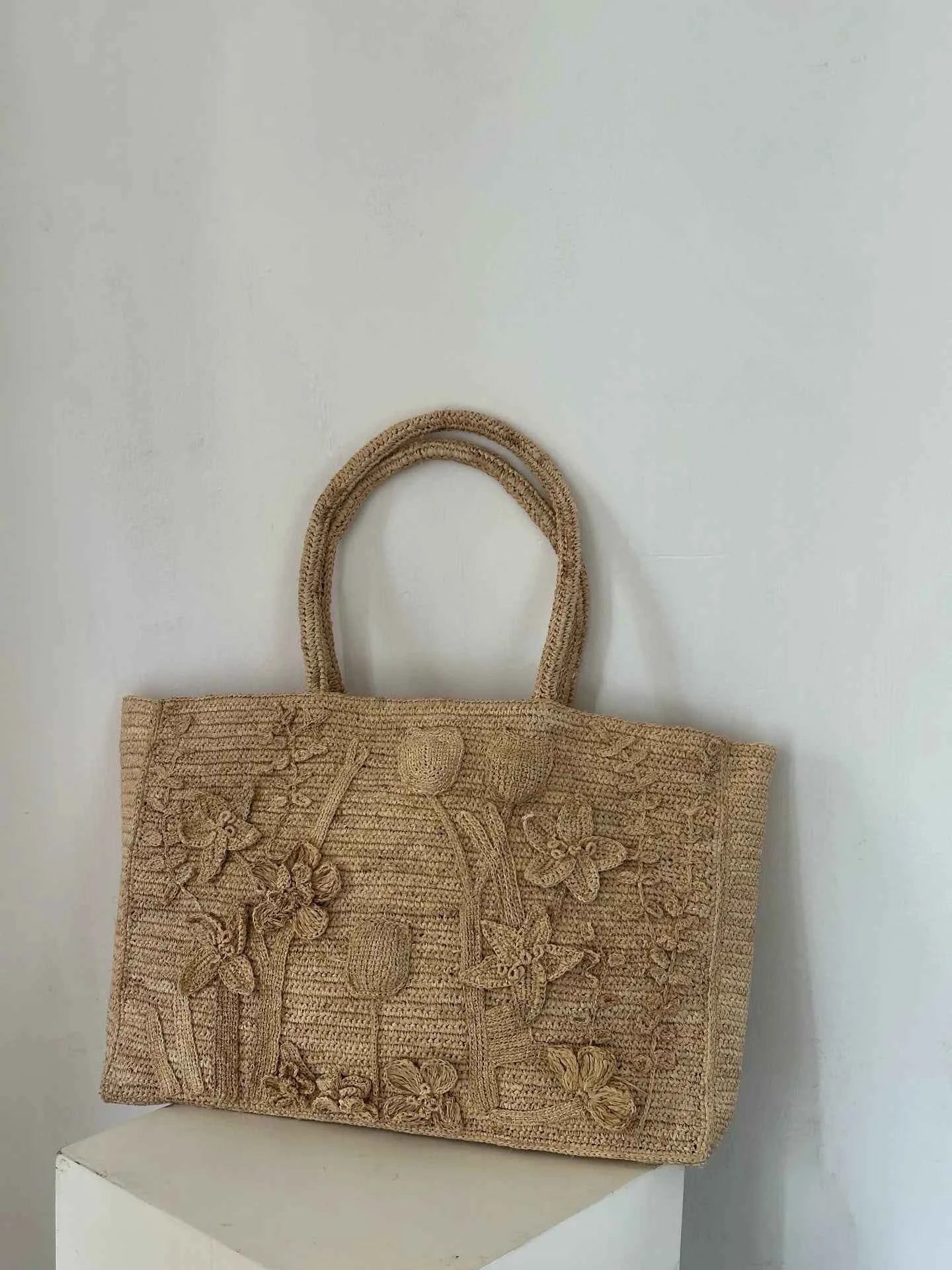 Handcrafted 100% Natural Raffia Tote Bag | 3D Floral Crochet Summer Beach Purse