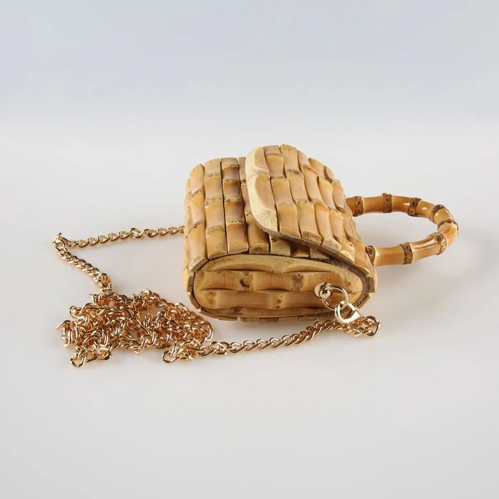 Handcrafted Natural Bamboo Root Mini Box Bag | Vintage Top-Handle & Crossbody Chain Purse - Verdant Bind