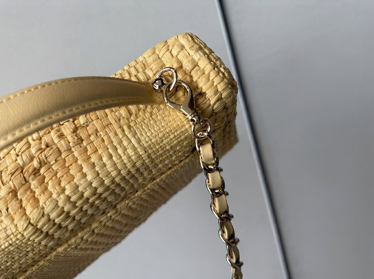 Woven Raffia Top-Handle Handbag Detachable Leather Chain Strap Purse