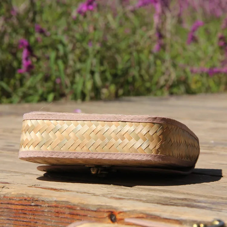 Handcrafted Mini Bamboo Weave Crossbody Bag Vintage Saddle Purse with Lock Closure