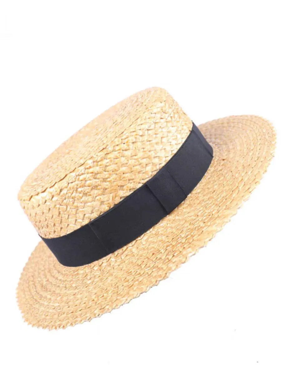 Handwoven Wheat Straw Boater Panama Hat with Wide Brim Sun Protection for Women & Men