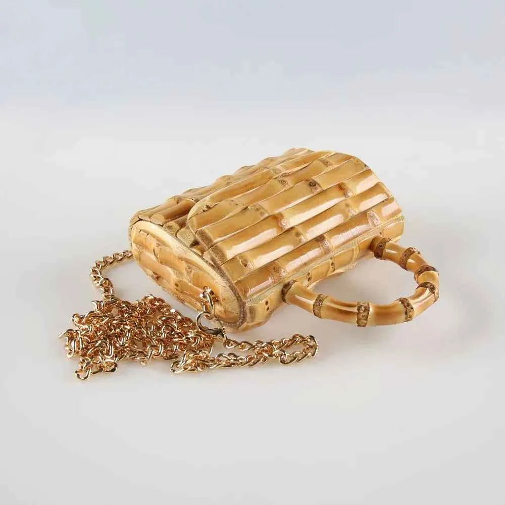 Handcrafted Natural Bamboo Root Mini Box Bag | Vintage Top-Handle & Crossbody Chain Purse