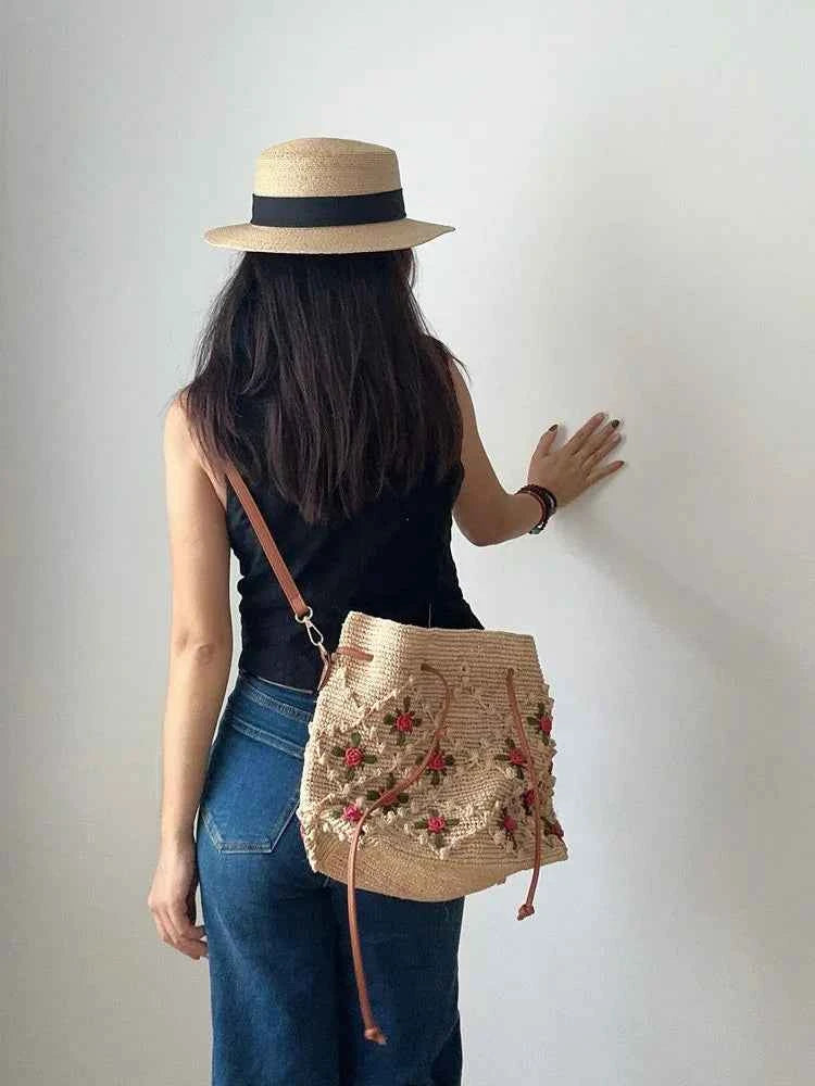 The Tuscan Romantic Crochet Rose Raffia Bucket Bag - Verdant Bind