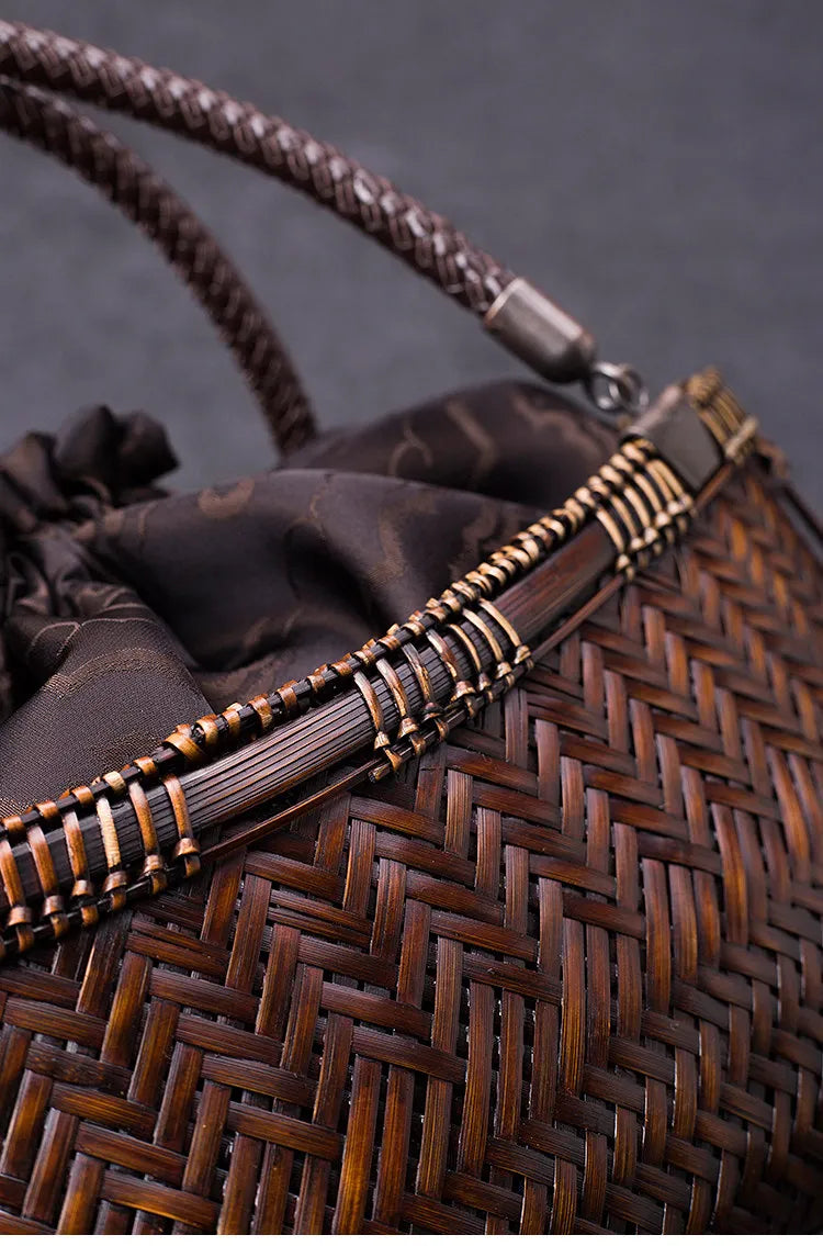 Handcrafted Boat-Shaped Bamboo Tote Bag with Drawstring Lining Vintage Woven Basket Handbag for Women