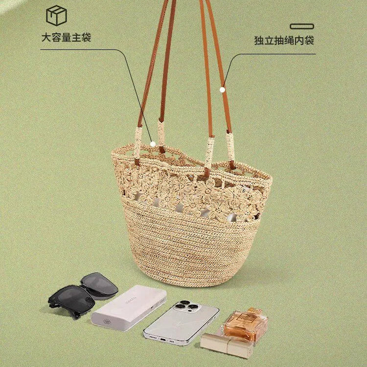 The Riviera Handwoven Floral Raffia Bucket Tote Bag