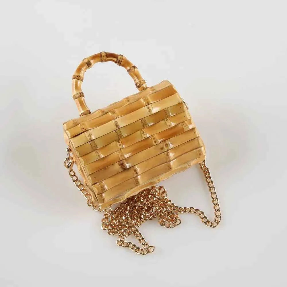 Handcrafted Natural Bamboo Root Mini Box Bag | Vintage Top-Handle & Crossbody Chain Purse