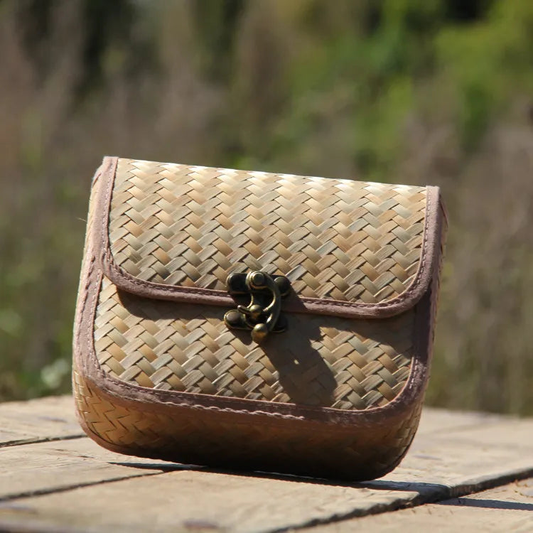 Handcrafted Mini Bamboo Weave Crossbody Bag Vintage Saddle Purse with Lock Closure