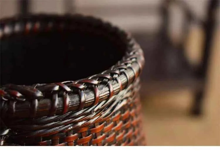 Handcrafted Woven Bamboo Flower Vase with Inner Water Container | Traditional Dark Lacquer Tabletop Floral Vessel