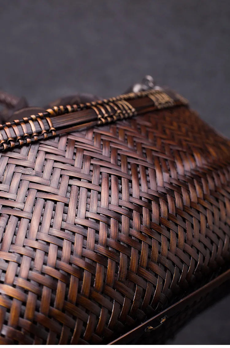 Handcrafted Boat-Shaped Bamboo Tote Bag with Drawstring Lining Vintage Woven Basket Handbag for Women