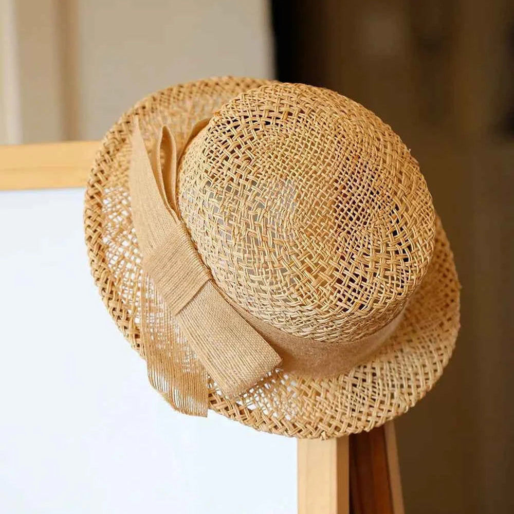 Handwoven Raffia Straw Boater Hat with Hollow Out Twist Knit and Jute Bow Trim for Women