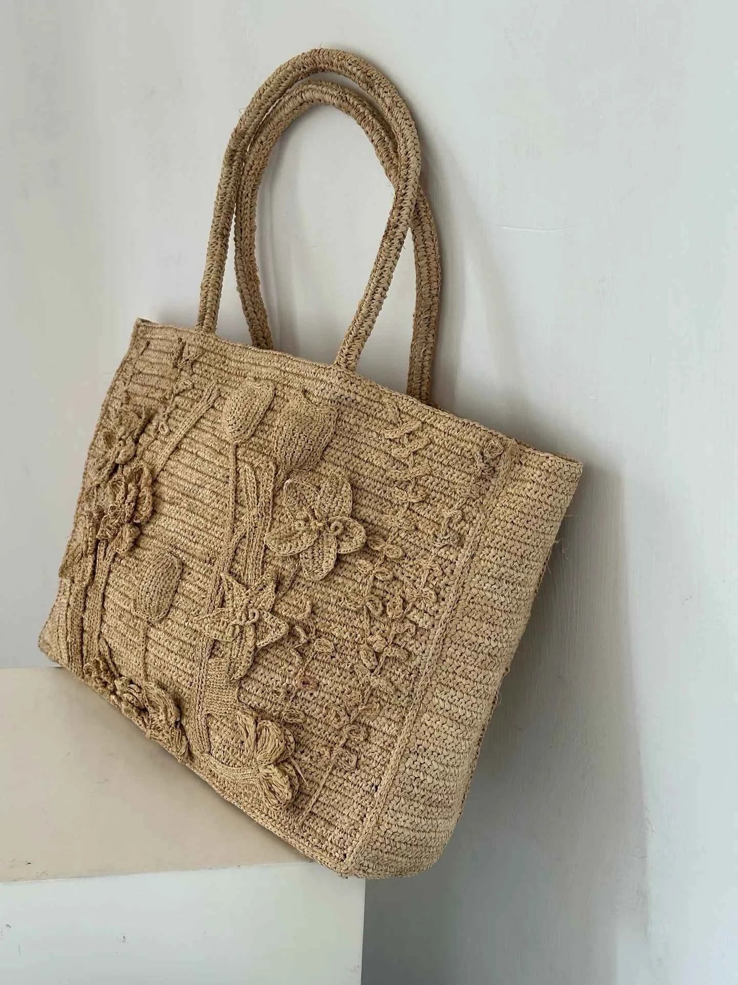Handcrafted 100% Natural Raffia Tote Bag | 3D Floral Crochet Summer Beach Purse