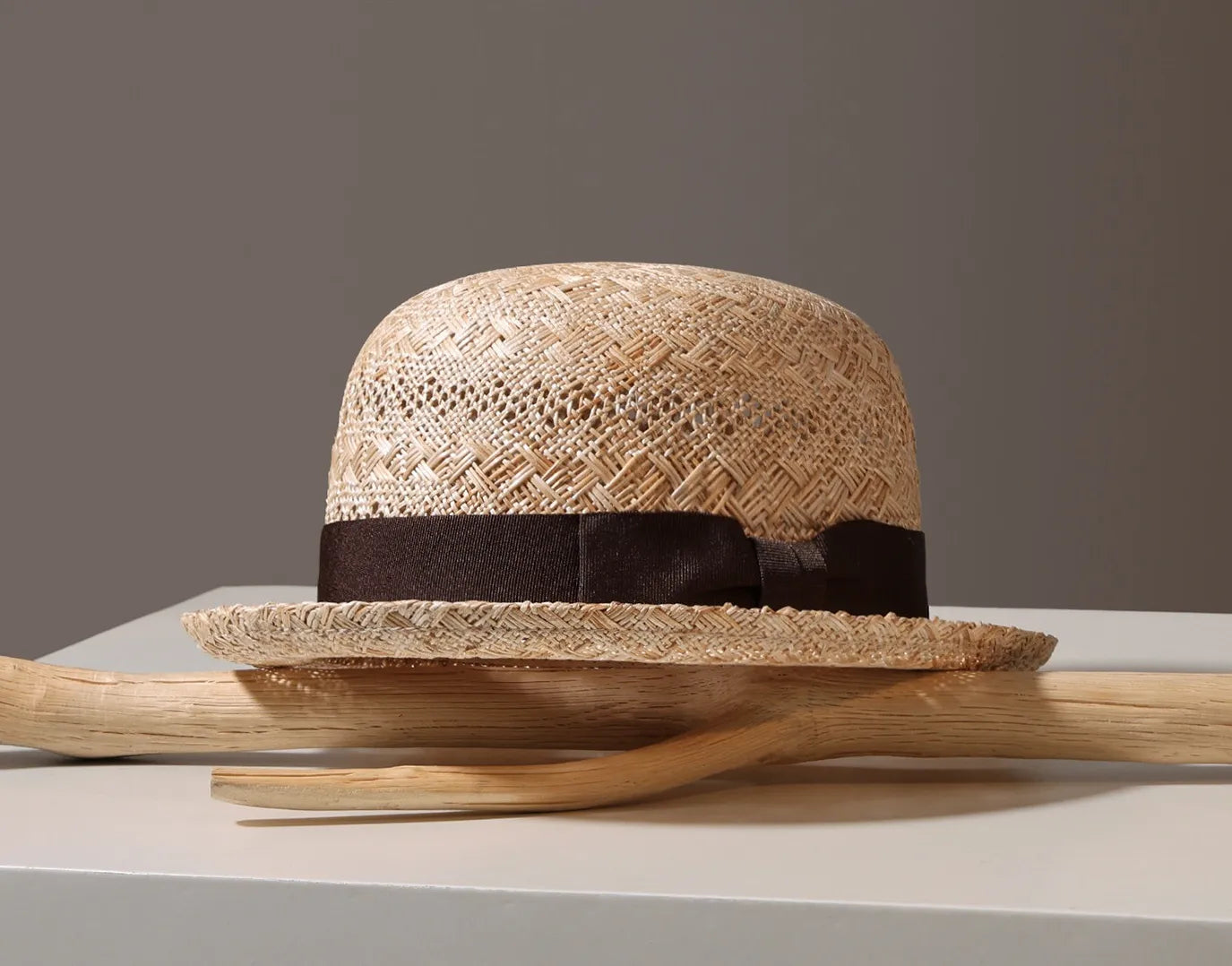 Handcrafted Natural Straw Porkpie Sun Hat | Vintage Rolled Brim Boater Cap with Grosgrain Ribbon - Verdant Bind