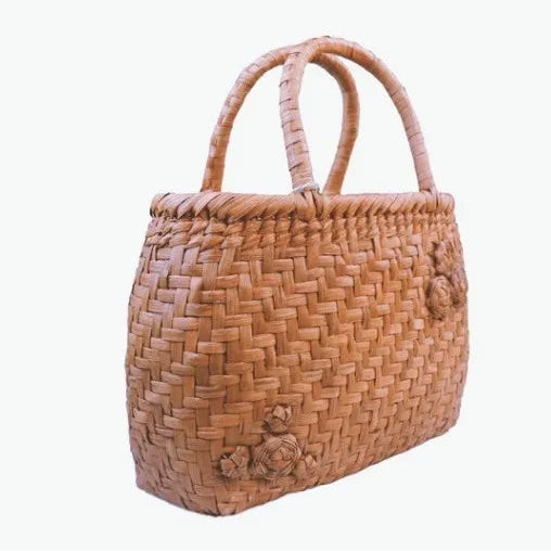 Handcrafted Wild Grapevine Woven Tote Bag | 3D Floral Accent Mountain Vine Basket Purse & Wabi-Sabi Luxury Handbag