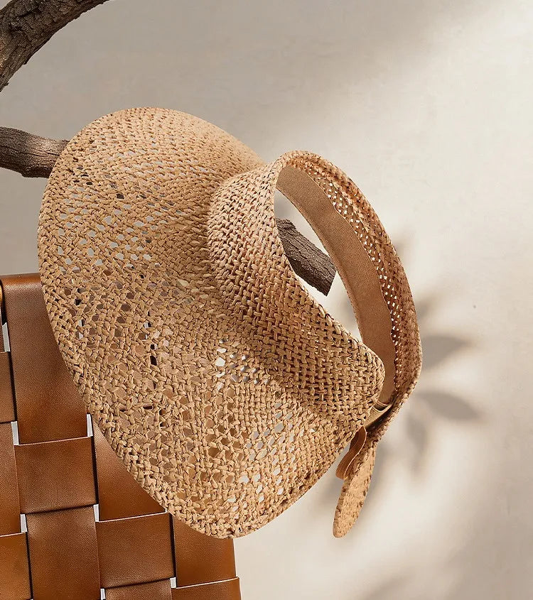 Handcrafted French Open-Weave Straw Visor Hat | Wide Brim Summer Sun Hat & Roll-Up Empty Top Beach Cap
