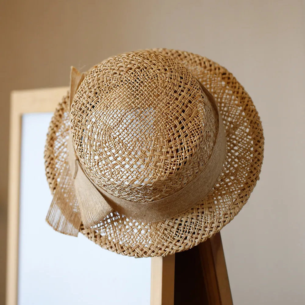 Handwoven Raffia Straw Boater Hat with Hollow Out Twist Knit and Jute Bow Trim for Women - Verdant Bind