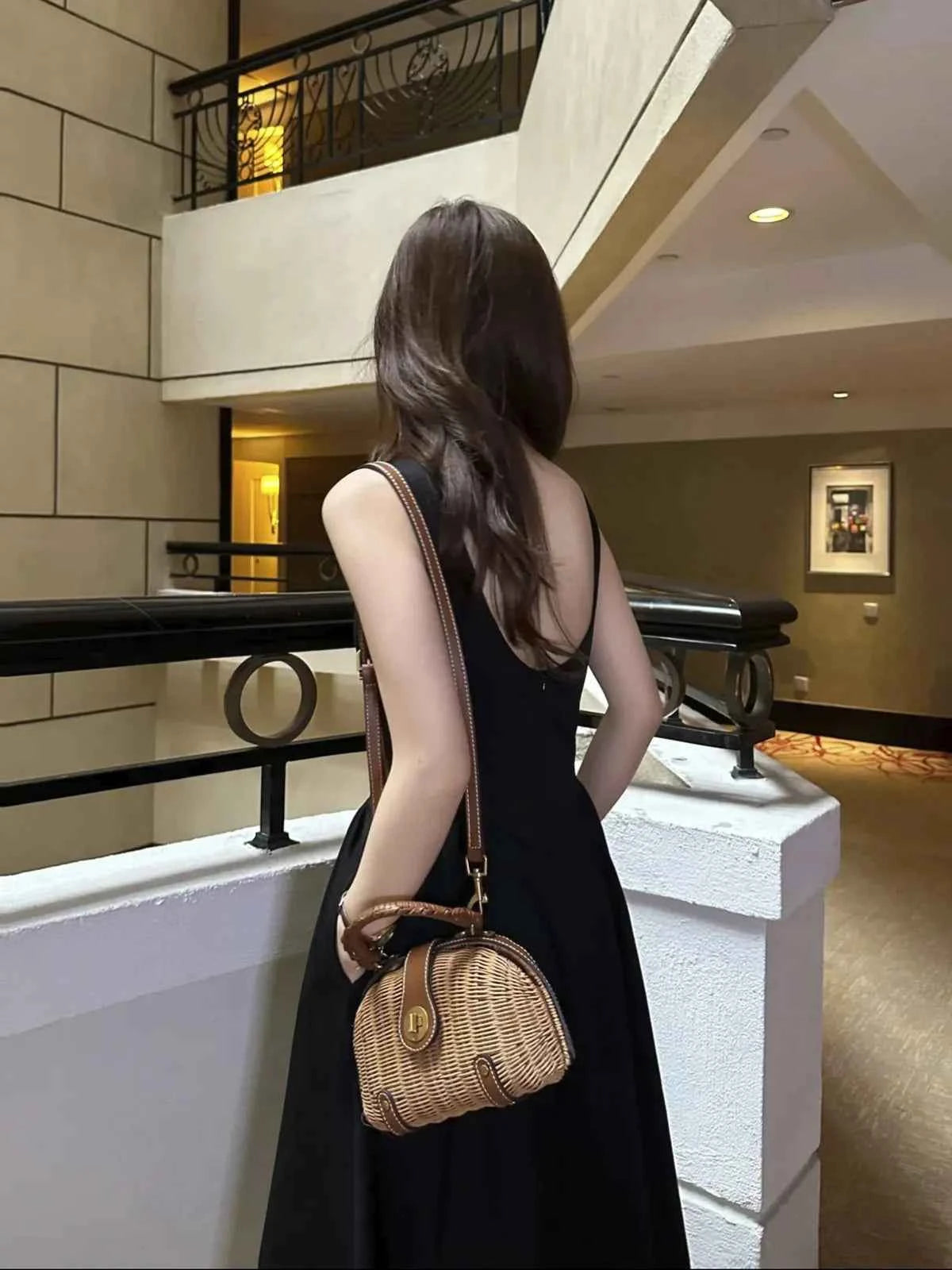 Handcrafted French Vintage Rattan Shell Crossbody Bag - Structured Wicker Basket Purse with Leather Strap & Turnlock
