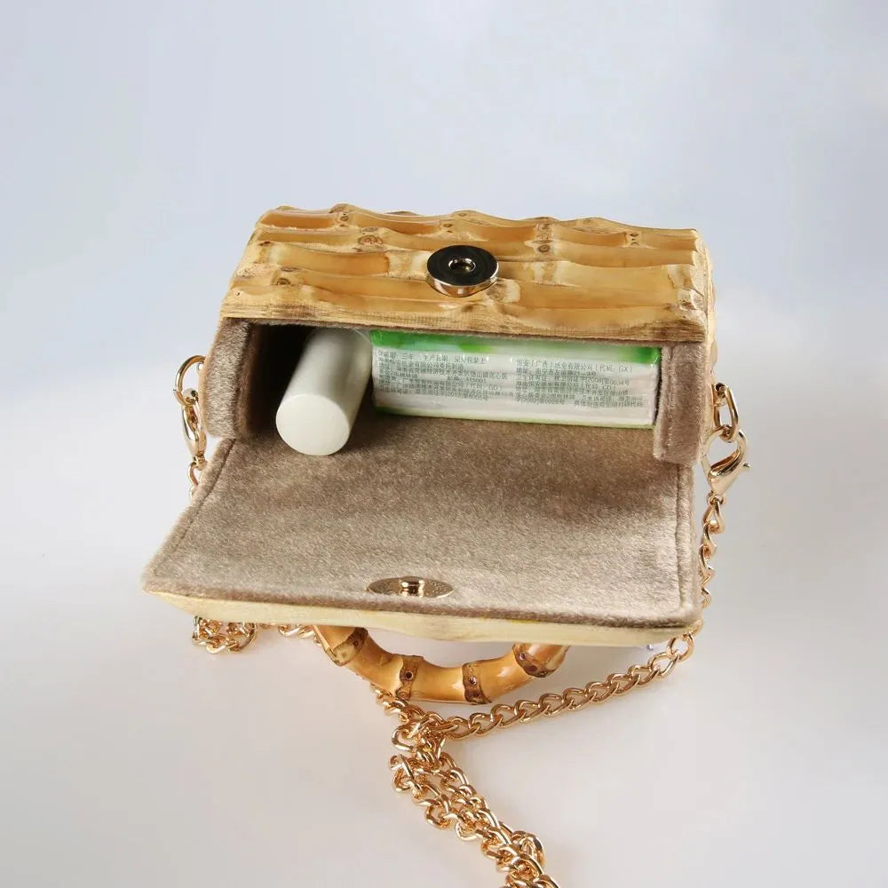 Handcrafted Natural Bamboo Root Mini Box Bag | Vintage Top-Handle & Crossbody Chain Purse - Verdant Bind