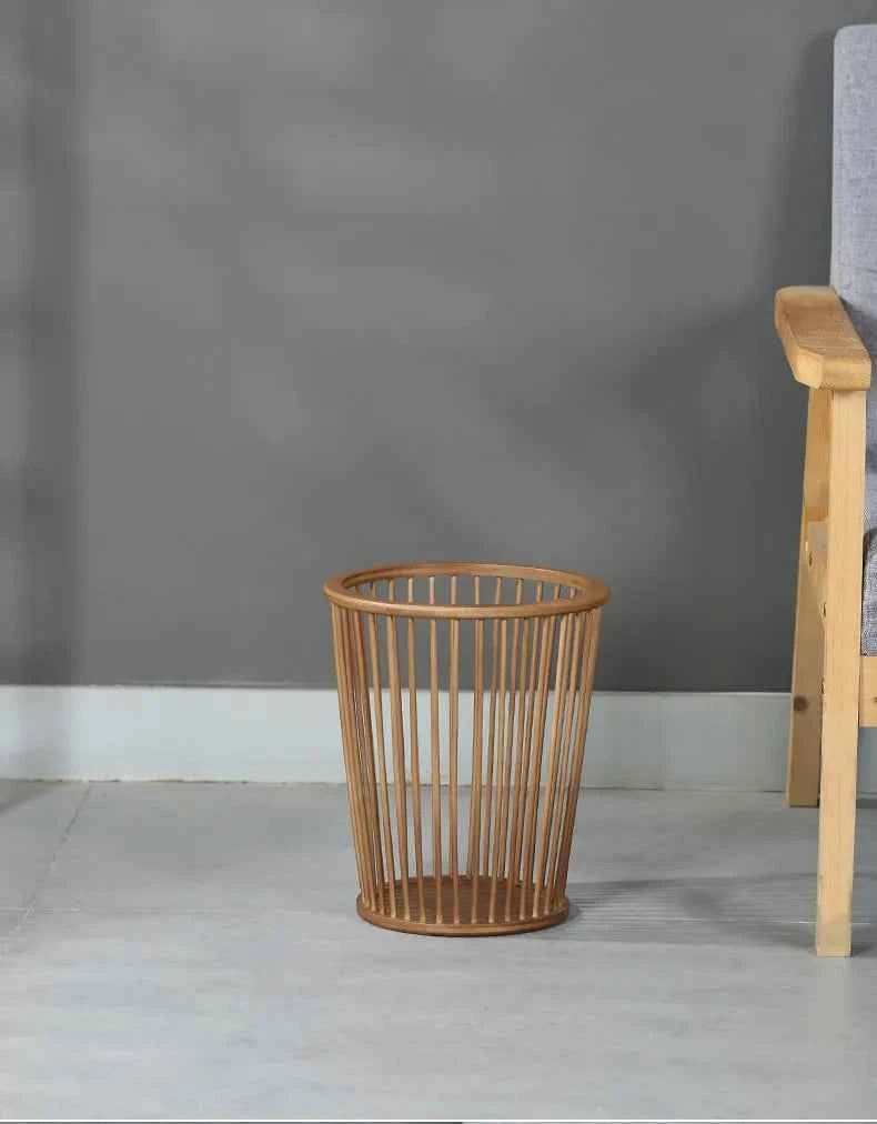 Handcrafted Natural Bamboo Wastebasket | Round Slatted Paper Trash Can & Storage Basket