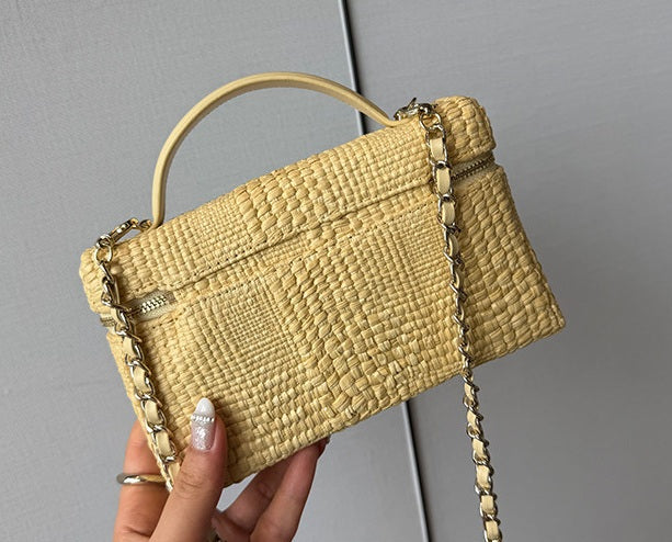 Woven Raffia Top-Handle Handbag Detachable Leather Chain Strap Purse