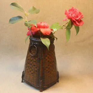 Handcrafted Woven Bamboo Flower Vase with Inner Water Container | Traditional Dark Lacquer Tabletop Floral Vessel - Verdant B