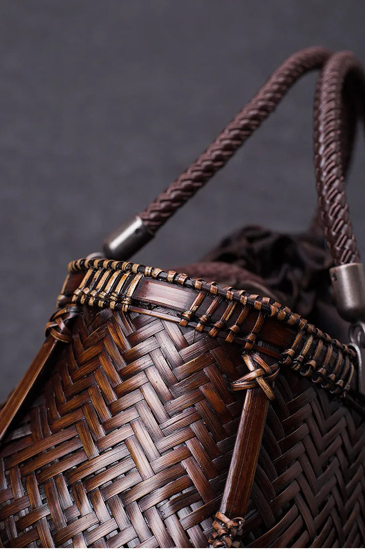 Handcrafted Boat-Shaped Bamboo Tote Bag with Drawstring Lining Vintage Woven Basket Handbag for Women