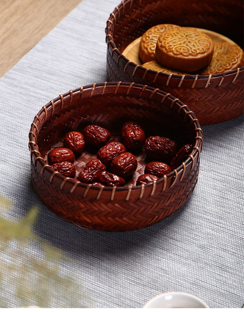 Vintage Round Bamboo Woven Serving Tray Fruit Basket Set