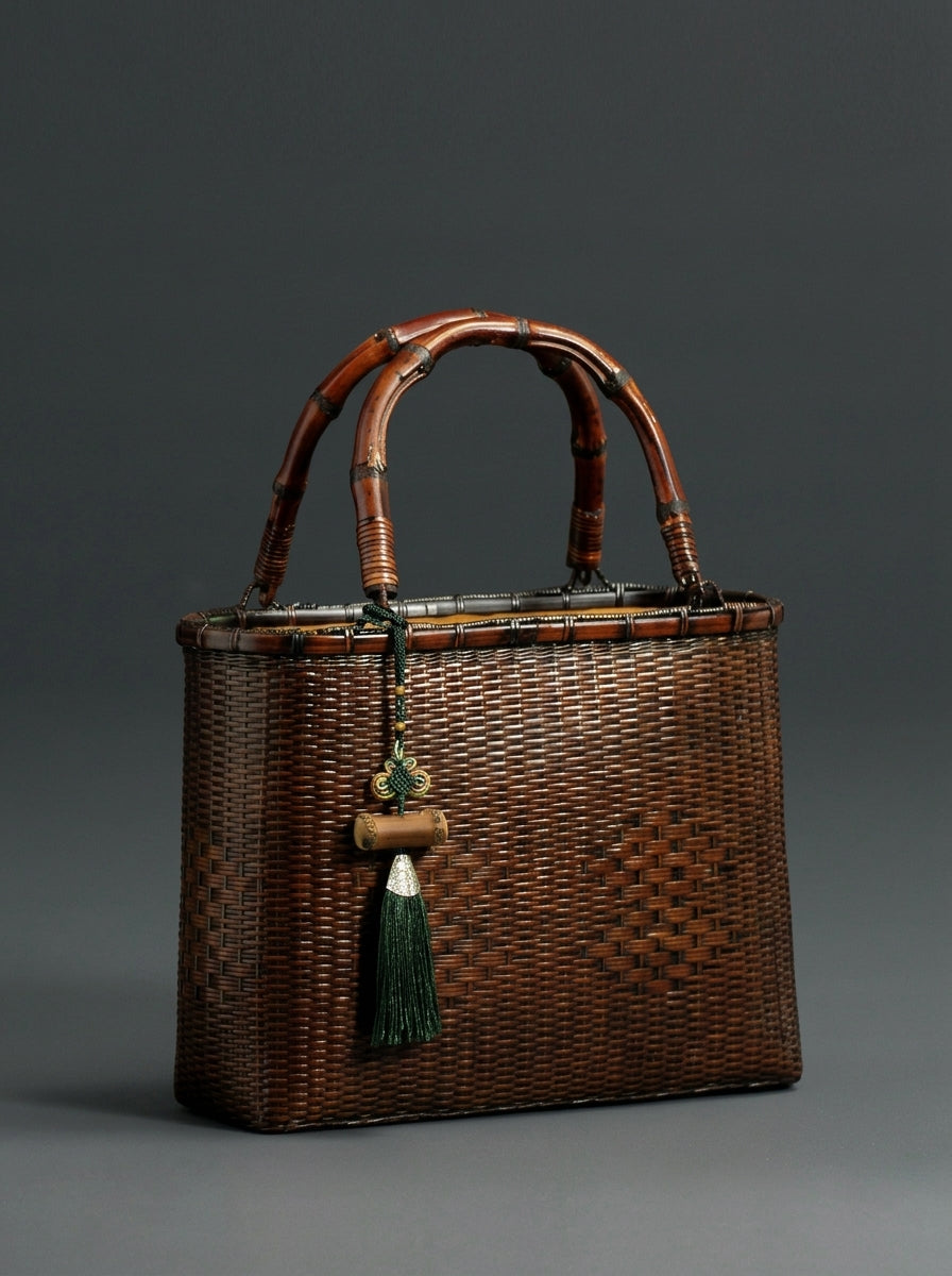 Handcrafted Vintage Bamboo Basket Bag with Natural Bamboo Root Handl