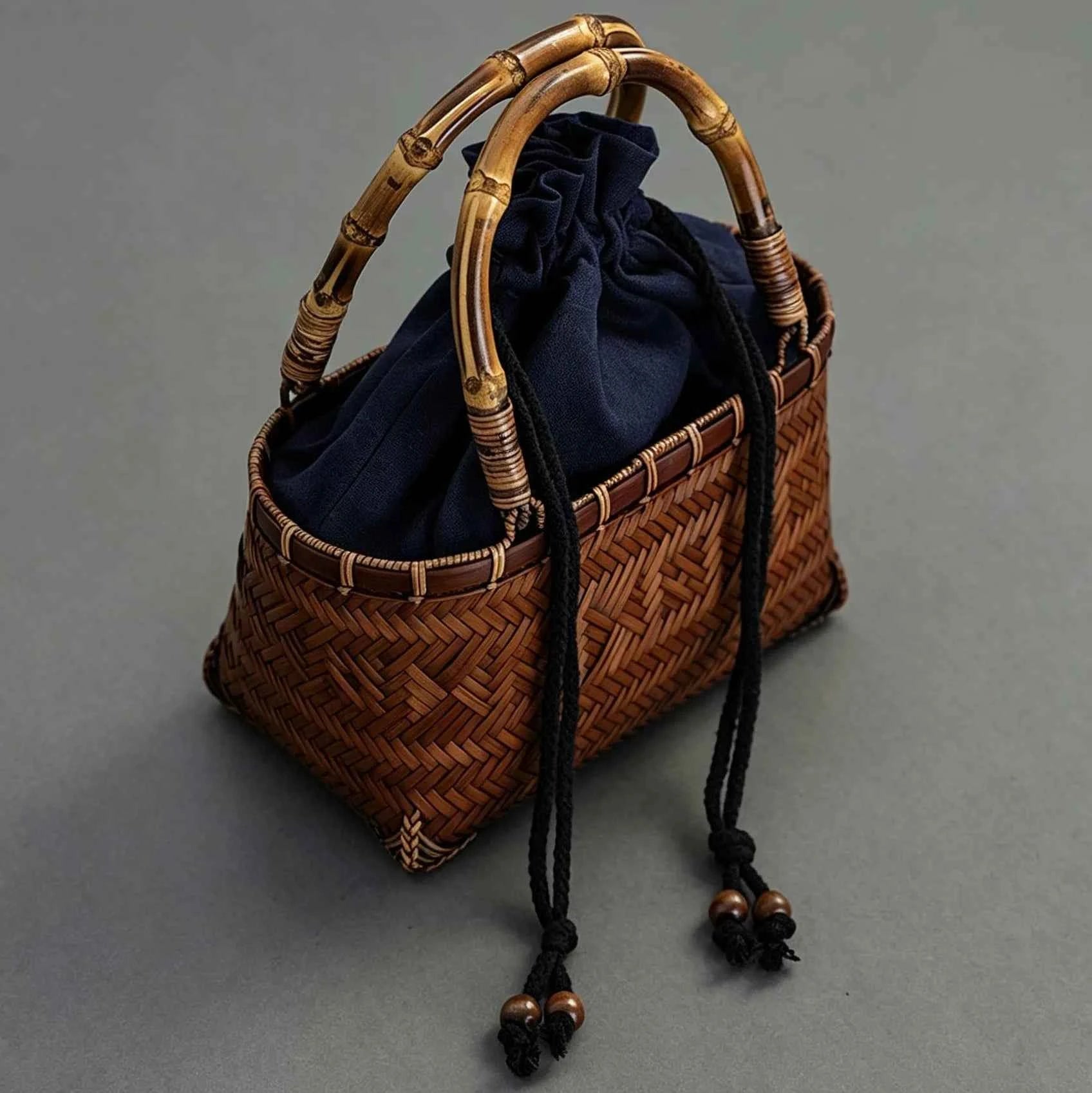 Handcrafted Mini Woven Bamboo Tote Bag with Natural Bamboo Joint Handle Vintage Holiday Basket Purse for Women