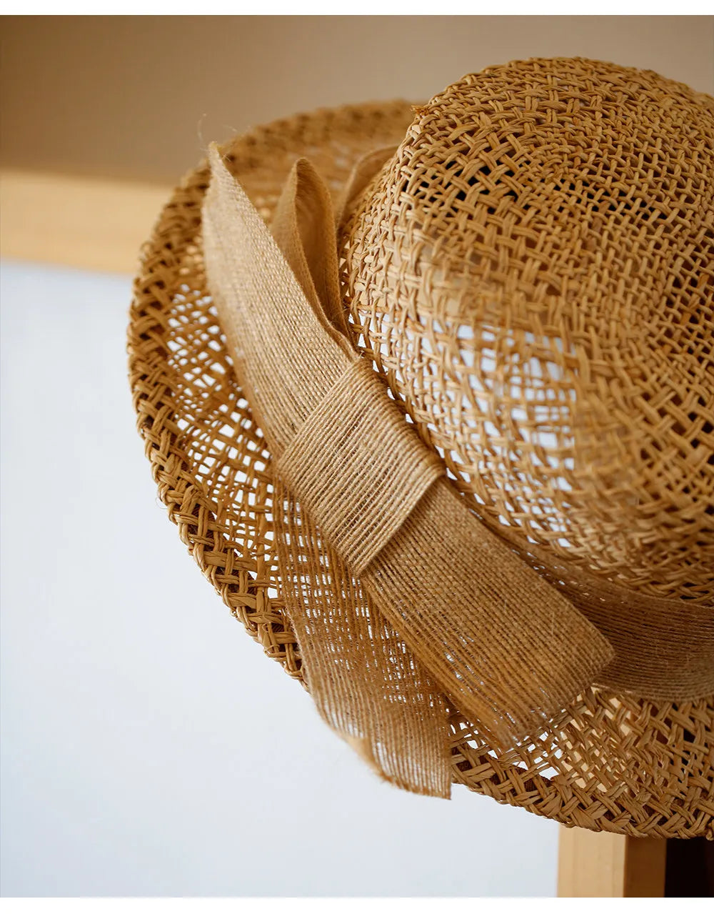 Handwoven Raffia Straw Boater Hat with Hollow Out Twist Knit and Jute Bow Trim for Women - Verdant Bind