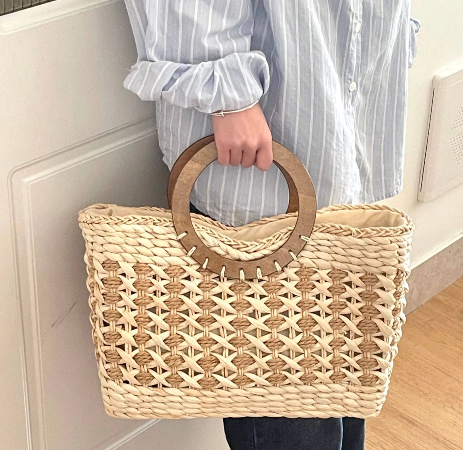 Handcrafted Large Beach Purse Structured Summer Handbag with Zipper