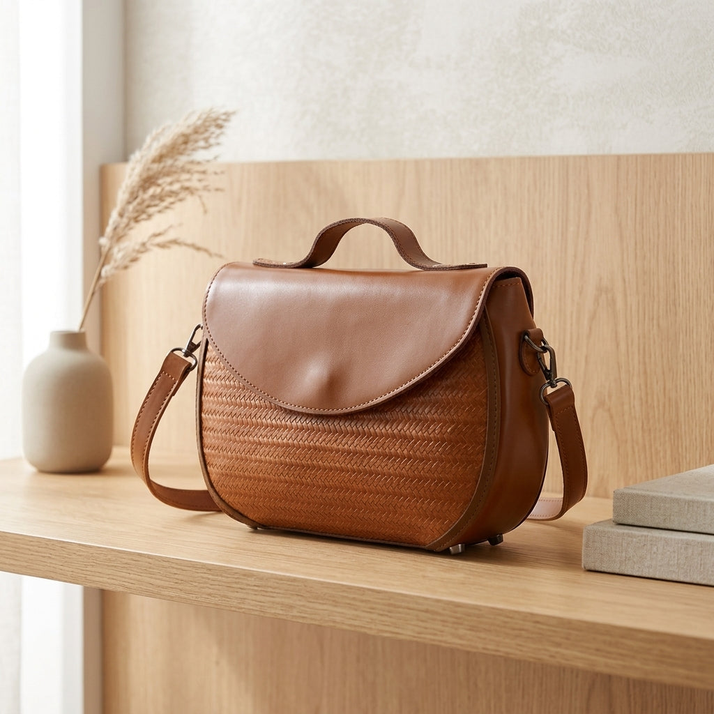 Saddle Bag with Brown Cowhide and Bamboo Weave Handheld