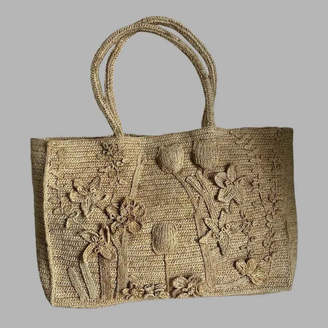 Handcrafted 100% Natural Raffia Tote Bag | 3D Floral Crochet Summer Beach Purse