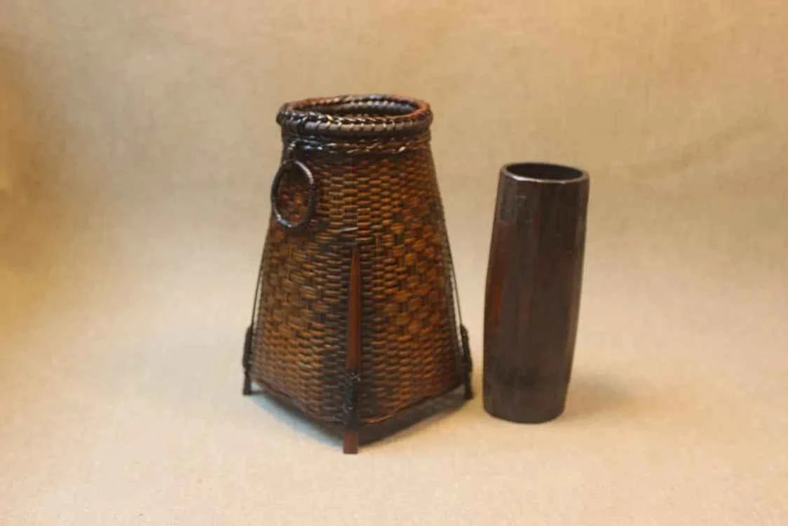 Handcrafted Woven Bamboo Flower Vase with Inner Water Container | Traditional Dark Lacquer Tabletop Floral Vessel