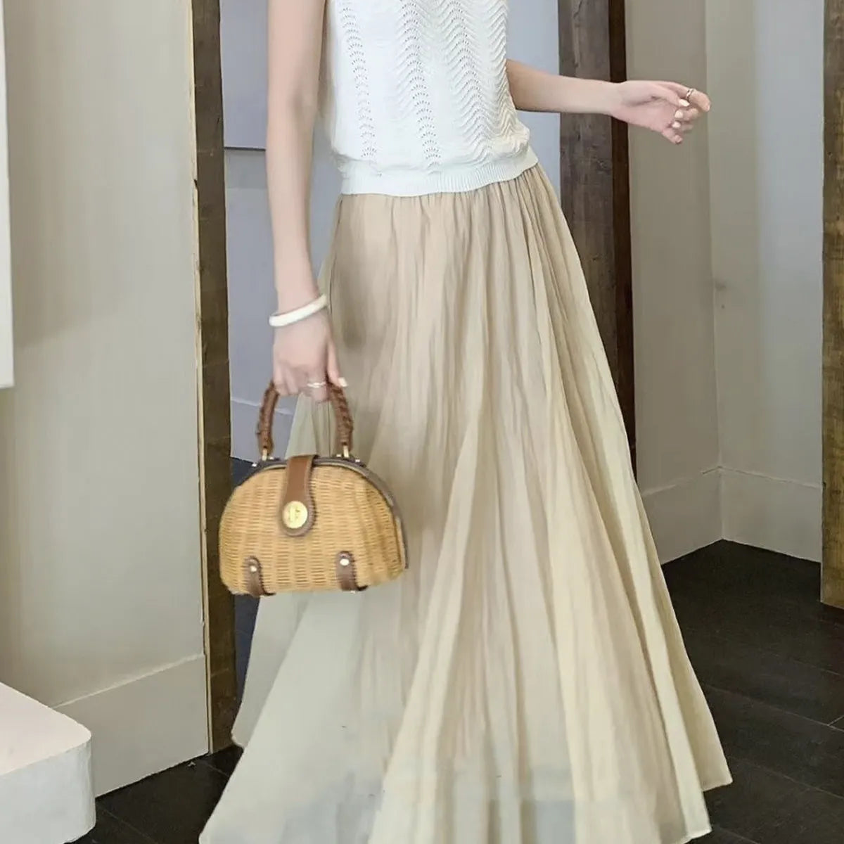 Handcrafted French Vintage Rattan Shell Crossbody Bag - Structured Wicker Basket Purse with Leather Strap & Turnlock