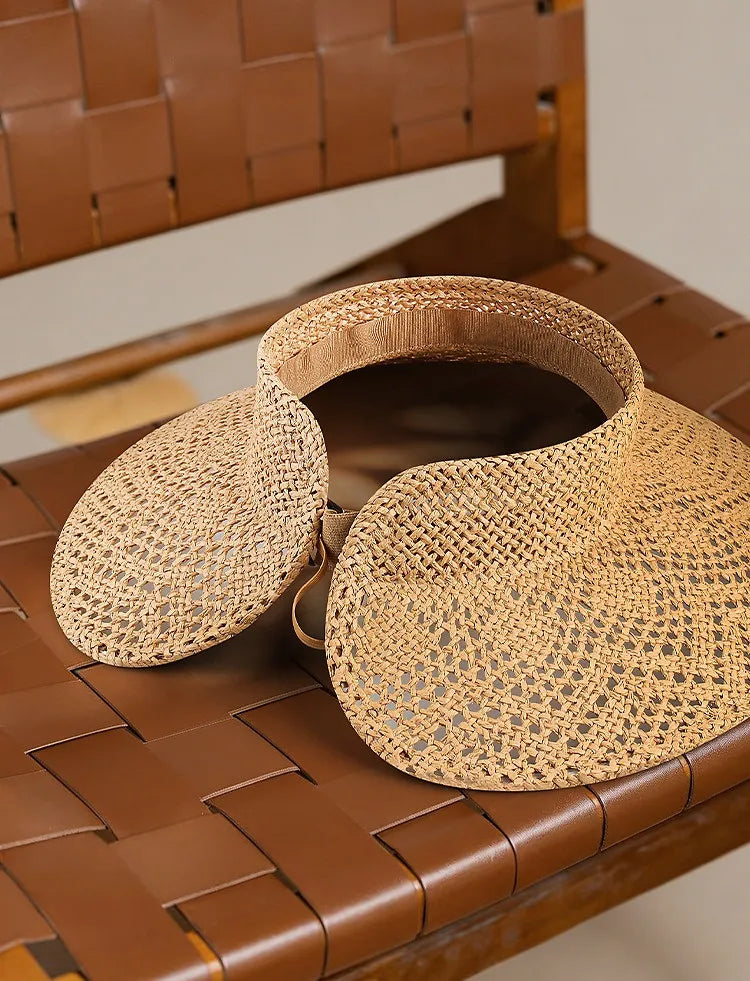 Handcrafted French Open-Weave Straw Visor Hat | Wide Brim Summer Sun Hat & Roll-Up Empty Top Beach Cap