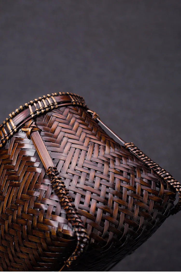 Handcrafted Boat-Shaped Bamboo Tote Bag with Drawstring Lining Vintage Woven Basket Handbag for Women