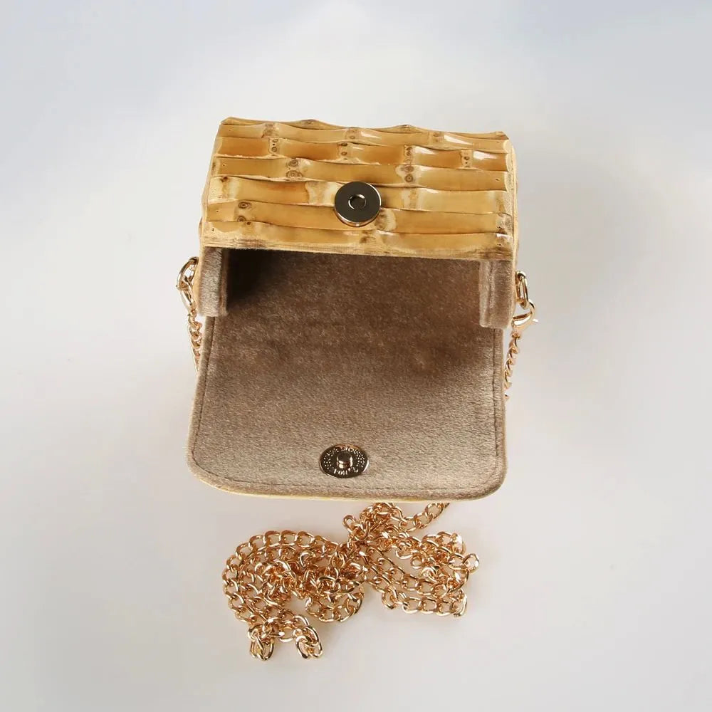 Handcrafted Natural Bamboo Root Mini Box Bag | Vintage Top-Handle & Crossbody Chain Purse - Verdant Bind