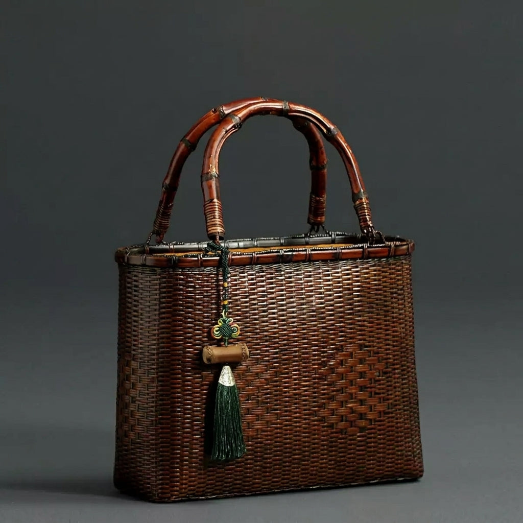 Handcrafted Vintage Bamboo Basket Bag with Natural Bamboo Root Handl