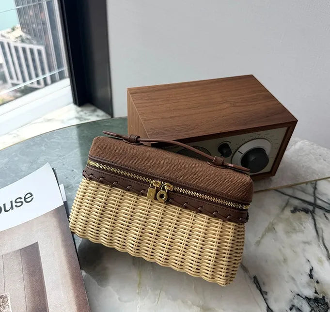Handcrafted Wicker & Canvas Combo Handbag Retro Top-Handle Box Bag