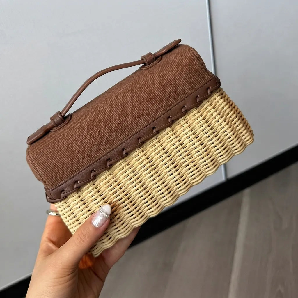 Handcrafted Wicker & Canvas Combo Handbag Retro Top-Handle Box Bag