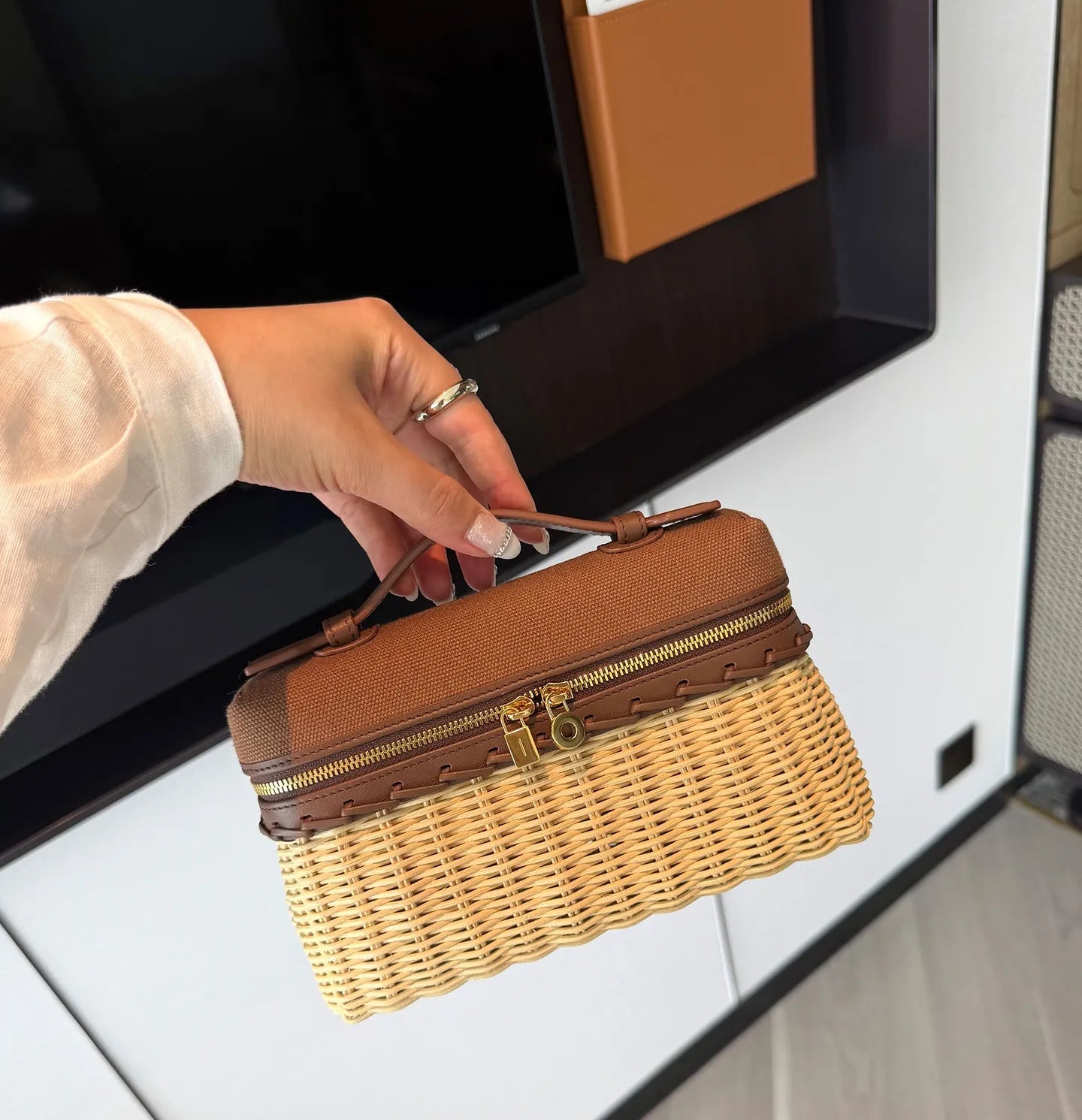 Handcrafted Wicker & Canvas Combo Handbag Retro Top-Handle Box Bag