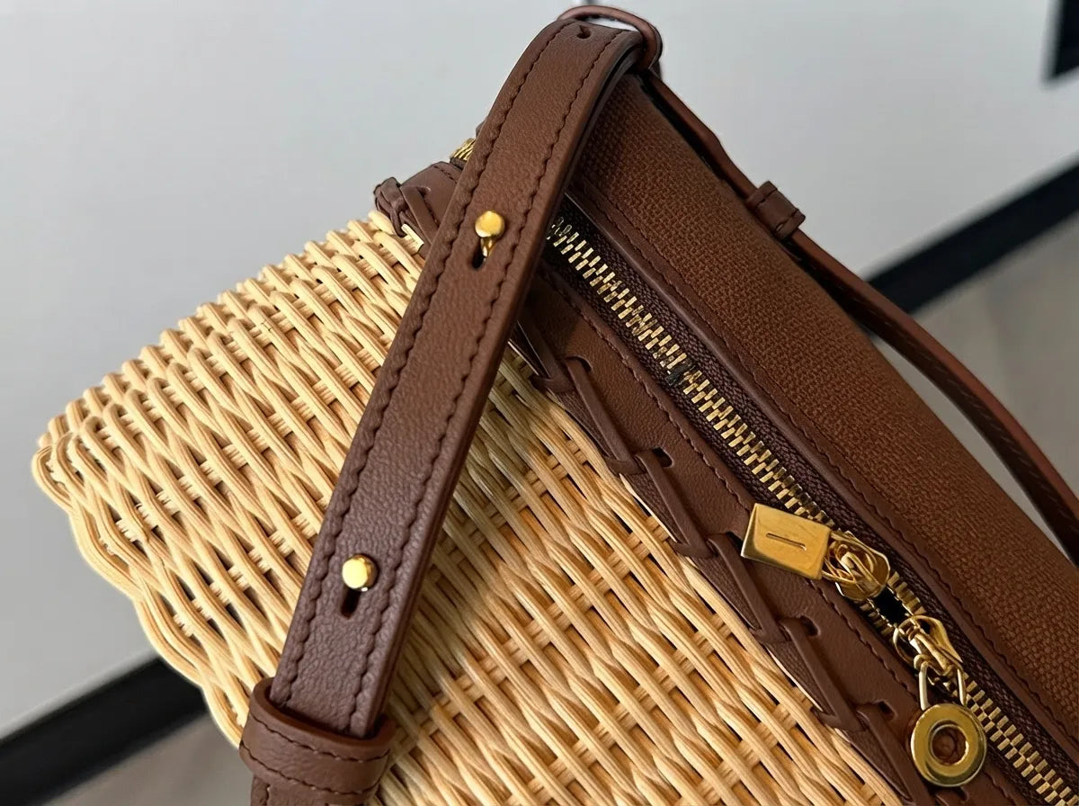 Handcrafted Wicker & Canvas Combo Handbag Retro Top-Handle Box Bag