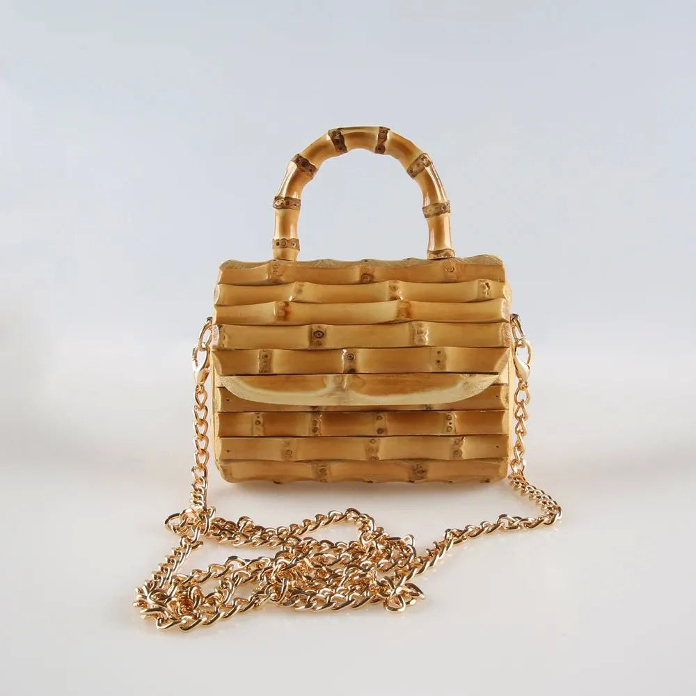 Handcrafted Natural Bamboo Root Mini Box Bag | Vintage Top-Handle & Crossbody Chain Purse - Verdant Bind