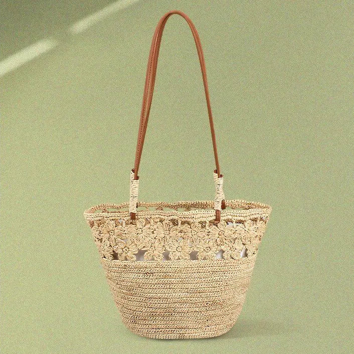 The Riviera Handwoven Floral Raffia Bucket Tote Bag