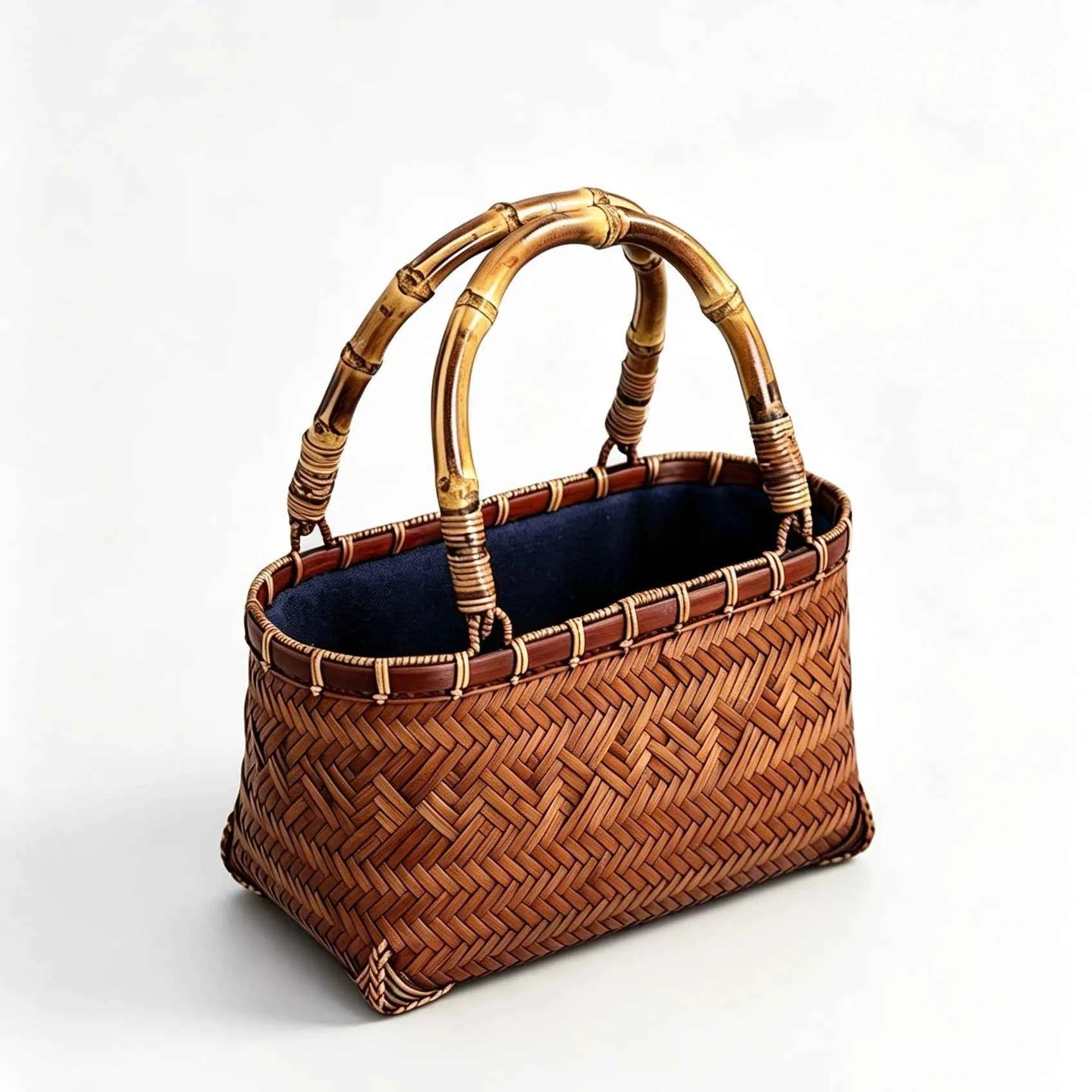 Handcrafted Mini Woven Bamboo Tote Bag with Natural Bamboo Joint Handle Vintage Holiday Basket Purse for Women