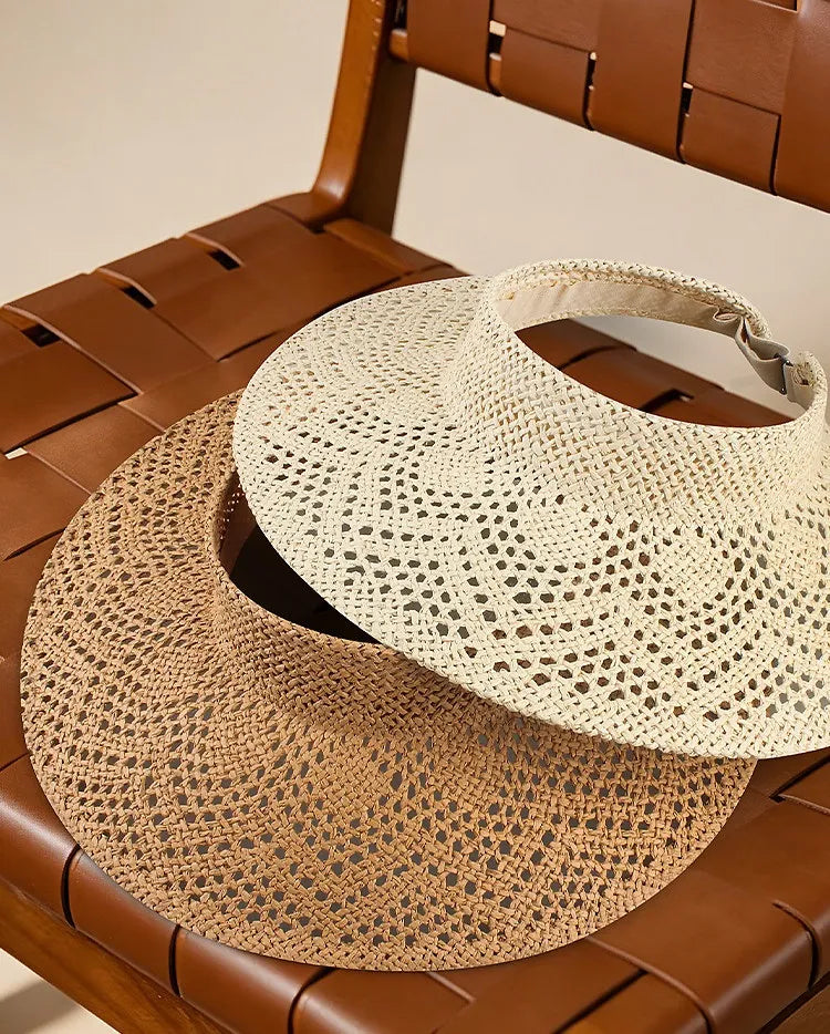 Handcrafted French Open-Weave Straw Visor Hat | Wide Brim Summer Sun Hat & Roll-Up Empty Top Beach Cap