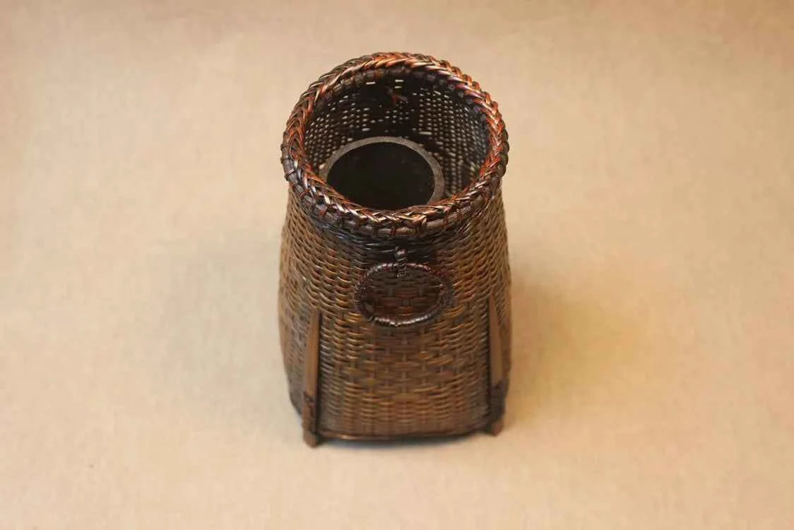 Handcrafted Woven Bamboo Flower Vase with Inner Water Container | Traditional Dark Lacquer Tabletop Floral Vessel