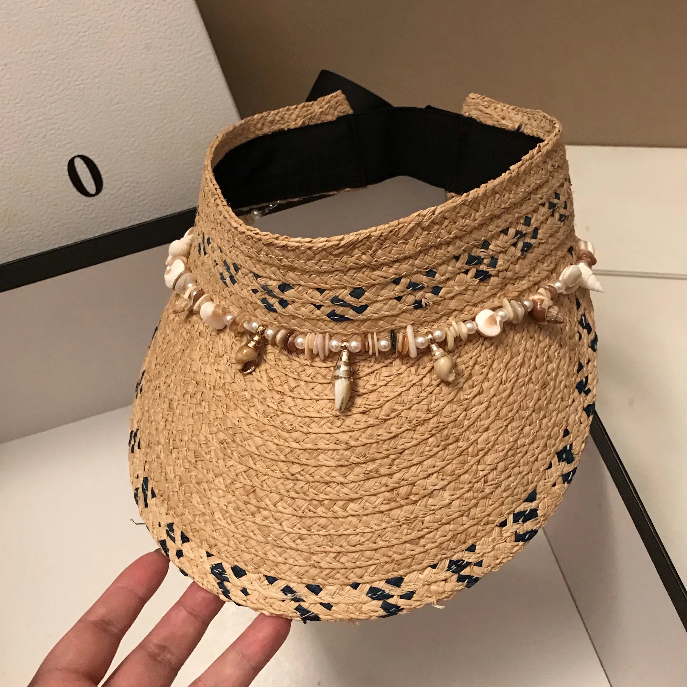 Handcrafted Seashell Raffia Visor Hat | One Size Adjustable Empty Top Straw Sun Cap for Beach Vacation