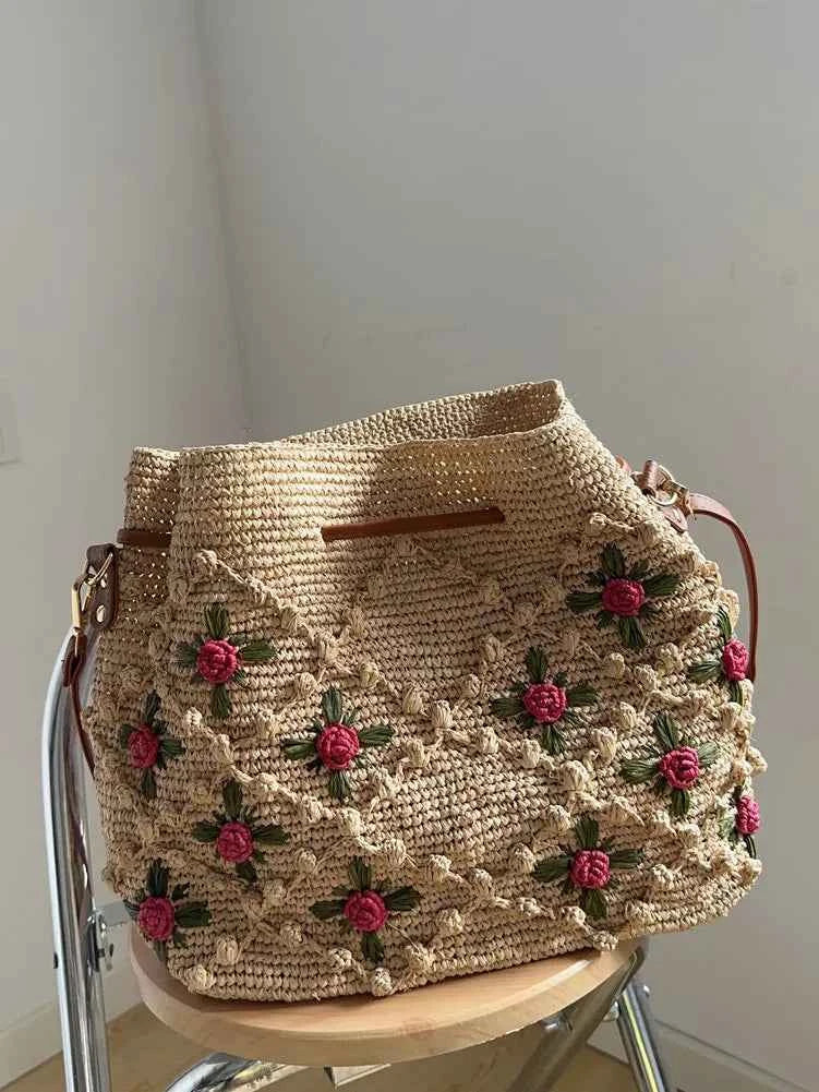 The Tuscan Romantic Crochet Rose Raffia Bucket Bag - Verdant Bind