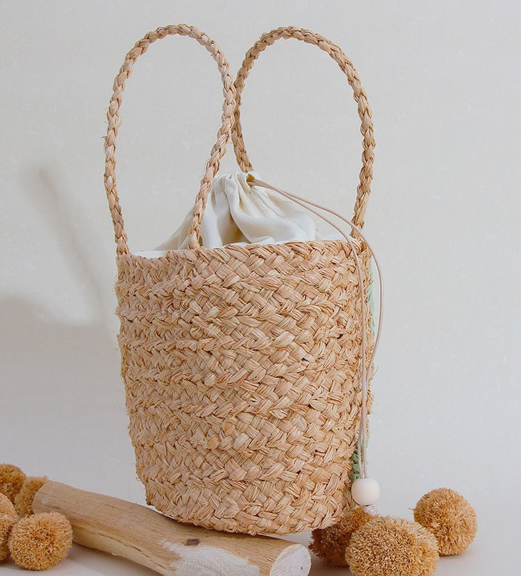 Handcrafted Raffia Bucket Bag Woven Leaf Pattern Drawstring Tote